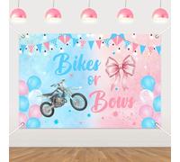 JOYMEMO 5x3ft Bikes Or Bows Gender Reveal Backdrop, Pink Blue Motorcycle Bow Theme Vinyl Background With Grommets and Ribbon, Gender Reveal Party Decorations Supplies for Pregnancy Announcement Photos