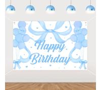 JOYMEMO 5x3ft Blue Bow Birthday Backdrop, Blue Happy Birthday Party Decorations Girl, Bow Wall Decor Party Photography Background Supplies