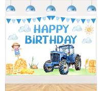 JOYMEMO 5x3ft Blue Tractor Happy Birthday Backdrop, Green Grass Farm Tractor Cartoon Background for Boy’s Birthday Party Photography Props