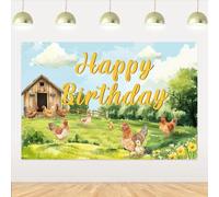 JOYMEMO 5x3ft Chicken Happy Birthday Backdrop - Chick Theme Birthday Party Decorations, Chicken Themed Photography Background for Backyard Hen Farm Animals Birthday Party