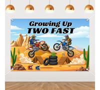 JOYMEMO 5x3ft Dirt Bike 2nd Birthday Party Decorations Backdrop, Growing Up Two Fast Motorcycle Theme Vinyl Background with Grommets and Ribbon, Motorcycle Themed 2nd Birthday Decor for Boy