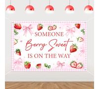 JOYMEMO 5x3ft Pink Bow Strawberry Baby Shower Backdrop Girl, Someone Berry Sweet Is On The Way Wall Decor, Pink Bow Decor for Berry Sweet Baby Birthday Supplies