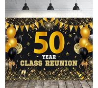 JOYMEMO 7x5ft 50 Year Class Reunion Backdrop - Black and Gold 50th School Class Reunion Decorations, Photography Background for Class of 1974 High School Reunion Welcome Back Party
