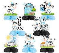 JOYMEMO 8 Pieces Cow 1st Birthday Honeycomb Centerpieces Blue Black - Holy Cow Im One Birthday Decorations Boy, Cow First Birthday Table Toppers Party Supplies