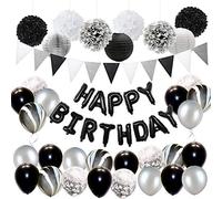 JOYMEMO Black and Silver Birthday Decorations - Black White Confetti Marble Balloons Set, Happy Birthday Banner, Paper Pom Poms for 18th 21st 30th Birthday Party
