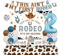 JOYMEMO Blue Brown My 2nd Rodeo Birthday Decorations Boy - This Ain't My First Rodeo Its My Second Birthday Backdrop, Banner, Cake Decor, Western Tablecloth, Number 2 Balloon for Cowboy Wild West