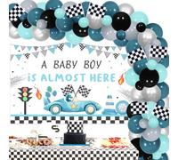 JOYMEMO Blue Race Car Baby Shower Decorations - Racing Car Balloon Garland Arch Kit with A Baby Boy is Almost Here Backdrop, Vintage Blue Race Car Pregnancy Celebration Newborn Party Supplies