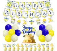 JOYMEMO Blue Tile and Lemon Birthday Decorations - Lemon Blue Birthday Party Supplies with Capri Lemon Happy Birthday Banner Cake Topper, Lemonade Garland Cupcake Toppers for Lemon Theme Birthday Part
