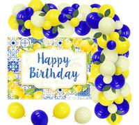 JOYMEMO Blue Tile Lemon Birthday Decorations, Capri Lemon Balloon Garland Arch Kit with Happy Birthday Banner Bday Party Supplies