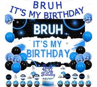 JOYMEMO Bruh It’s My Birthday Decorations Kit For Boy - Happy Birthday Bro Backdrop Banner, Bruh Cake topper and cupcake toppers, Blue and Black Teen Boy Birthday Party Supplies
