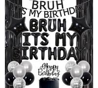 JOYMEMO Bruh Its My Birthday Decorations - Black Bruh Its My Birthday Banner with Balloons, Happy Birthday Cake Topper, Tinsel Curtain for Funny Bruh Birthday Party Supplies