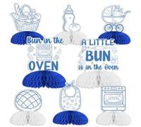 JOYMEMO Bun in the Oven Baby Shower Honeycomb Centerpieces, Blue and White Table Decorations, 8 Double-Sided 3D Toppers with A Little Bun Is in the Oven Design, Gender Neutral Pregnancy Party Supplies