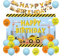 JOYMEMO Construction Birthday Party Decorations, Including Happy Birthday Banner Backdrop and Balloons for Boys, Yellow Blue Construction Truck Birthday Party Supplies