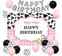 JOYMEMO Cow Theme Birthday Party Decorations Girl - Moo Moo Happy Birthday Backdrop Banner and Cow Printed Balloons, Farm Animal Cowgirl Party Supplies for Girls 2 3 4 5 Year Old Birthday