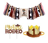 JOYMEMO Cowboy 1st Birthday Decorations Brown - My First Rodeo High Chair Banner Cake Topper with Crown Hat, Western Themed Birthday Party Supplies for Baby Boy