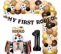 JOYMEMO Cowboy 1st Birthday Decorations Brown - Retro Balloon Garland Arch Kit with My First Rodeo Banner Cake Topper, High Chair Banner, Number 1 Foil Balloon for Western Party Supplies