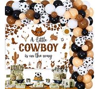 JOYMEMO Cowboy Theme Baby Shower Decorations Brown - Western Cowboy Balloon Garland Kit, A Little Cowboy is On The Way Backdrop for Baby Boy Wild West Baby Shower Party Supplies