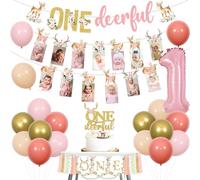 JOYMEMO Deer 1st Birthday Decorations for Girl, Pink Boho One Deerfull Banner Cake Topper, Deer Theme 1st Birthday High Chair Banner, Monthly Photo Banner, Woodland Animal First Bday Party Supplies