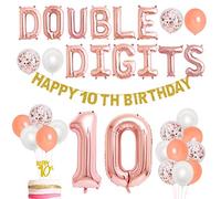 JOYMEMO Double Digits 10th Decorations Set Rose Gold, Double Digits Banner, Number 10 Balloon, Happy 10th Birthday Garland, Cake Topper for Girls 10 Years Old Birthday Party Supplies