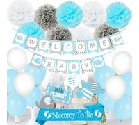 JOYMEMO Elephant Baby Shower Decorations, Welcome Baby Banner Bunting, Foil Letter Balloon Blue, Sash, Elephants Cake Toppers, Pom Poms for Elephant Baby Shower Party Supplies