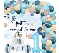 JOYMEMO First Trip Around The Sun Birthday Decorations - Outer Space Balloons Garland Arch Kit with Backdrop, One High Chair Banner, Number 1 Balloon for Space Theme First Birthday Party Supplies