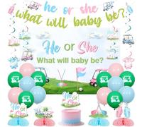 JOYMEMO Golf Gender Reveal Decorations Pink Blue, He Or She What Will Baby Be Backdrop, Banner, Cake Topper, Hanging Swirls, Honeycomb Centerpieces for Golf Party Baby Shower Pregnancy Celebration