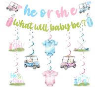 JOYMEMO Golf Gender Reveal Decorations Set - He or She What Will Baby Be Banner Pink Blue Golf Double Sided Hanging Swirls for Baby Shower Sprinkle Pregnancy Announcement Party Supplies