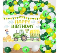 JOYMEMO Green Tractor Themed Birthday Decorations, Farm Tractor Theme Party Decor, Tractor Happy Birthday Backdrop Balloon Garland, Tractor Birthday Party Supplies