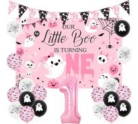 JOYMEMO Halloween 1st Birthday Party Decorations Girls - Pink and Black Our Little Boo is TURNING ONE Backdrop Kit with Pennant Banner Bat Ghost Printed Balloons for Halloween Theme Birthday Party Sup