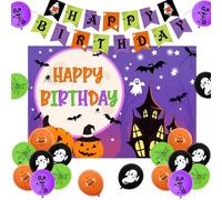 JOYMEMO Happy Halloween Birthday Party Decorations - Halloween Theme Backdrop Banner Kit with Ghost Bat Spiderweb and Skull Printed Balloons for Halloween Birthday Party Supplies