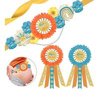 JOYMEMO Here Comes The Son Baby Shower Decorations for Boy, Here Comes The Son Maternity Sash with Mom to Be Dad to Be Corsage Pins, Boho Retro Pregnancy Flower Belly Belt Party Supplies