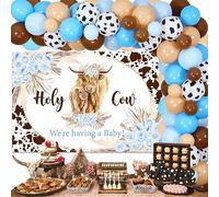 JOYMEMO Highland Cow Baby Shower Decorations - Blue Cow Balloon Garland Arch Kit with Holy Cow We are Having a Baby Backdrop, Boho Floral Highland Cattle Baby Shower Party Supplies