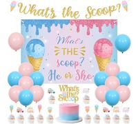 JOYMEMO Ice Cream Gender Reveal Decorations Pink Blue - What's The Scoop Backdrop Banner Cake Topper with Cupcake Toppers Double Sided for Pregnancy Celebration Newborn Party Baby Shower