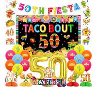 JOYMEMO Mexican Fiesta 50th Birthday Party Decorations for Men Women, 50th Fiesta Banner, Hanging Swirls, Honeycomb Centerpieces, Sash, Cake Topper, Backdrop, Balloons for Adios 40's Birthday