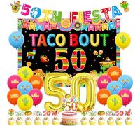 JOYMEMO Mexican Fiesta 50th Birthday Party Decorations for Men Women - Taco Bout 50 Backdrop, Banner, Cake Topper, Cupcake Toppers, Balloons for Adios 40's Birthday