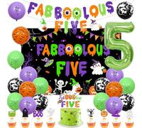 JOYMEMO Orange Green Purple Halloween 5th Birthday Decorations Boy Girl - Fabboolous Five Backdrop, Banner, Cake Topper, Cupcake Toppers, Spider Bat Ghost Printed Number 5 Balloons