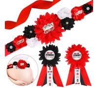 JOYMEMO Red Black Race Car Baby Shower Maternity Sash Kit - Vintage Racing Baby Shower Belly Belt and Mom to Be & Dad to Be Corsage Pins, Pregnancy New Parents Photo Props Let's Go Racing Party