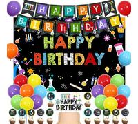 JOYMEMO Science Birthday Decorations Boy - Science Themed Party Kit Happy Birthday Science Backdrop Banner Cake Toppers Chemistry Supplies Science Party Favors