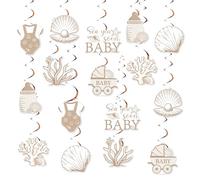 JOYMEMO Sea You Soon Baby Shower Hanging Swirls, 24pcs Nautical Ocean-Themed Ceiling Decorations with Seashell and Starfish Cutouts, Gender Neutral Beach Party Decor for Parent to Be Celebration