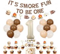 JOYMEMO S'more 1st Birthday Party Decorations - It’s S’more Fun to Be One Banner Cake Topper with Smore Themed Birthday Garland Cupcake Toppers for Boy Girl, Bonfire Camping First Bday Party