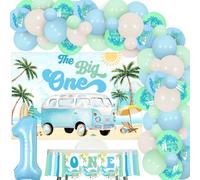 JOYMEMO Surf 1st Birthday Decorations for Boy Girl - Blue and Green The Big One Surf Birthday Balloon Garland with High Chair Banner, Backdrop, Number 1 Foil Balloons, Beach Surfing First Bday Party