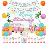 JOYMEMO Surfing Birthday Party Decorations Girl - Surf Happy Birthday Backdrop Banner Cake Topper Kit, Surfer Birthday Party Supplies for Surf Themed Beach Summer Surfboard Party