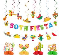JOYMEMO Taco Bout 50 Party Decorations for Men Women, Mexican Fiesta 50th Birthday Banner, Honeycomb Centerpieces, Hanging Swirls, Mexican Fiesta Theme Adios 40's Birthday Party Supplies