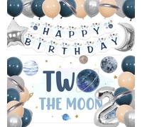 JOYMEMO Two the Moon Birthday Decorations Boys Navy Blue, Outer Space Themed 2nd Backdrop Banner Kit with Moon Star Planet Foil Balloons for Baby 2nd Solar System Birthday Party Supplies