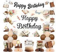 JOYMEMO Vintage Brown Book Birthday Decorations Set - Storybook Happy Birthday Party Balloon, Banner, Cake Topper, Honeycomb Centerpieces, Hanging Swirls and Backdrop, Reading Club Party Supplies