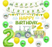 JOYMEMO Watercolor Tractor Party Decorations for Boys Girls 2nd Birthday, Yellow Green Tractor Farm Theme Happy Two Year Old Birthday, Party Supply with Backdrop, Banner and Printed Balloons