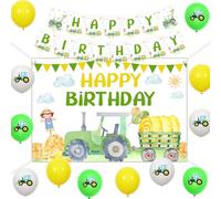 JOYMEMO Watercolor Tractor Party Decorations for Boys Girls Birthday, Yellow Green Tractor Farm Theme Happy Birthday, Party Supply with Backdrop, Banner and Printed Balloons