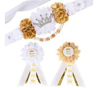 JOYMEMO White and Gold Princess Baby Shower Maternity Sash Kit - Royal Princess Baby Shower Belly Belt and Mom to Be & Dad to Be Corsage Pins, Pregnancy New Parents Photo Props Party Supplies