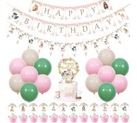 JOYMEMO Woodland Birthday Decorations for Girls, Floral Woodland Happy Birthday Banner, Woodland Creatures Cupcake Toppers, Pink Forest Animals Birthday Party Supplies