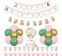 JOYMEMO Woodland Birthday Decorations for Girls, Woodland Happy Birthday Banner, Woodland Creatures Cupcake Toppers Garland, Forest Animals Birthday Party Supplies